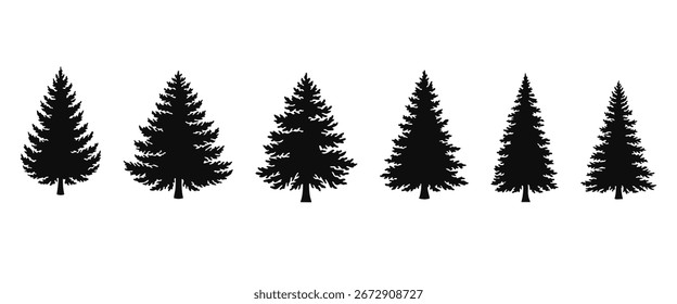 Set of Christmas tree silhouettes. Black pine and spruce shapes isolated on white background. Vector illustration