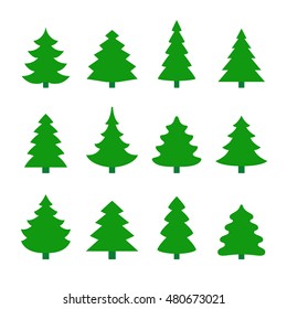 Set of christmas tree silhouettes. Different shapes. Isolated on white background. Flat style vector illustration.