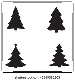 Conjunto de siluetas de árboles de Navidad, pinos con estrellas y Formas de árboles simples, iconos negros sobre fondo blanco, Festiva y símbolos de Navidades