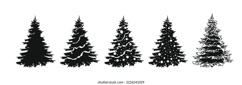 Set of Christmas tree silhouettes. Traditional holiday firs with ornaments and lights, Xmas spruce with festive decoration and snow. Monochrome black vector illustrations isolated on white background.