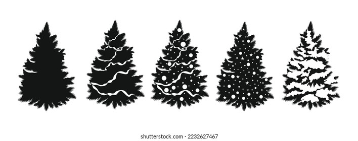 Set of Christmas tree silhouettes. Traditional holiday firs with ornaments and lights, Xmas spruce with festive decoration and snow. Monochrome black vector illustrations on white background.