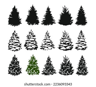 Set of Christmas tree silhouettes. Traditional holiday firs with ornaments and lights, Xmas spruce with festive decoration and snow. Monochrome black vector illustrations on white background. 