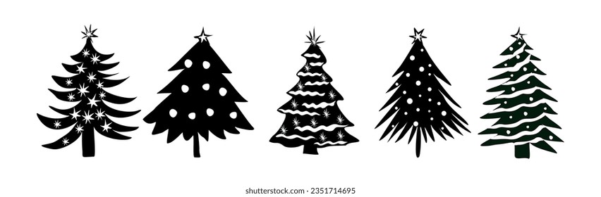 Set of Christmas tree silhouettes. Traditional holiday firs with ornaments and lights, Xmas spruce with festive decoration. Comic style black vector illustrations isolated on white background svg