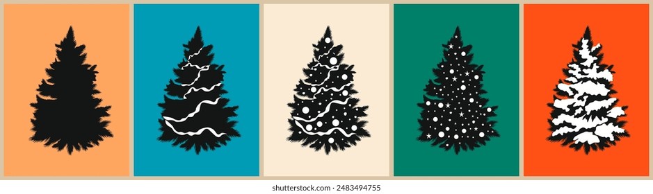 Set of Christmas tree silhouettes. Traditional holiday firs with ornaments and lights, Xmas spruce with festive decoration and snow. Monochrome black vector illustrations on colorful backgrounds.