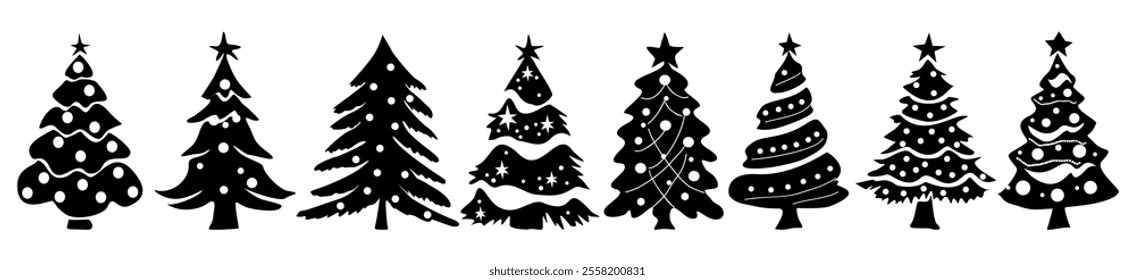 Set of Christmas tree silhouettes. Traditional holiday firs with ornaments and lights, Xmas spruce with festive decoration. Comic style black vector illustrations isolated on white background.