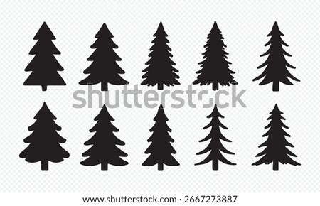 Set of Christmas tree silhouettes. Traditional holiday firs with ornaments and lights, Xmas spruce with festive decoration and snow. Monochrome black vector illustrations isolated on white background.