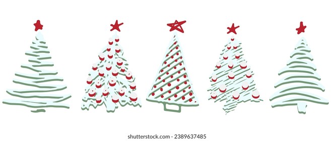 Set of Christmas tree. Sketch hand drawn xmas pattern. Doodle childlike silhouette art. Winter New year holiday firs, decor elements on isolated background. Vector vintage illustration