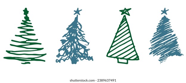 Set von Weihnachtsbaum. Sketch handgezeichnetes xmas Muster. Doodle kindliche Silhouette Kunst. Winter Neuer Jahresurlaub, Dekorelemente auf isoliertem Hintergrund. Vektorvintage-Illustration