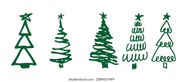 Set von Weihnachtsbaum. Sketch handgezeichnetes xmas Muster. Doodle kindliche Silhouette Kunst. Winter Neuer Jahresurlaub, Dekorelemente auf isoliertem Hintergrund. Vektorvintage-Illustration