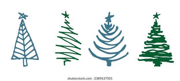 Juego de árbol de Navidad. Esbozar patrón de navidad dibujado a mano. El arte de la silueta infantil Doodle. Invierno Año Nuevo fiesta, elementos decorativos sobre un fondo aislado. Ilustración vectorial
