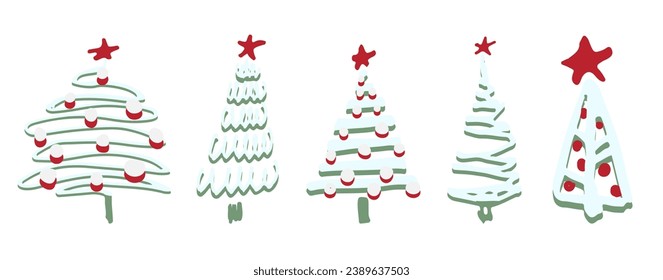 Set of Christmas tree. Sketch hand drawn xmas pattern. Doodle childlike silhouette art. Winter New year holiday firs, decor elements on isolated background. Vector vintage illustration