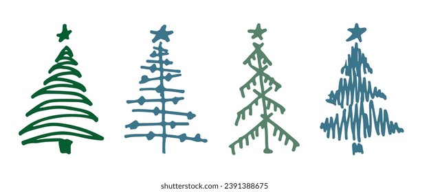 Juego de árbol de Navidad. Esbozar patrón de navidad dibujado a mano. El arte de la silueta infantil Doodle. Invierno Año Nuevo fiesta, elementos decorativos sobre un fondo aislado. Ilustración vectorial
