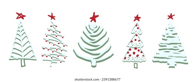 Set of Christmas tree. Sketch hand drawn xmas pattern. Doodle childlike silhouette art. Winter New year holiday firs, decor elements on isolated background. Vector vintage illustration