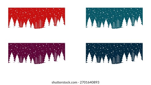 Conjunto de árvore de Natal e neve fundos Vetor Ilustração plana. Coleção de paisagem de inverno festiva com pinheiro, queda de neve e decoração de férias para cartões de felicitações