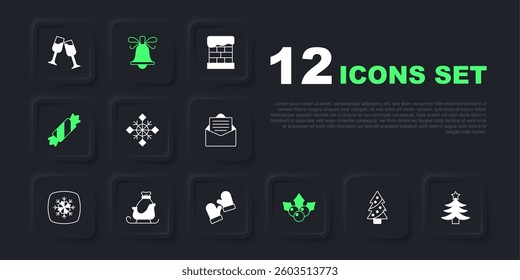 Set Christmas tree, Snowflake, Branch viburnum, Candy, santa claus sleigh, ringing bell and mittens icon. Vector