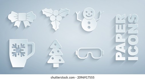 Set Christmas tree, snowman, Coffee cup with snowflake, Ski goggles, Branch viburnum and Bow tie icon. Vector