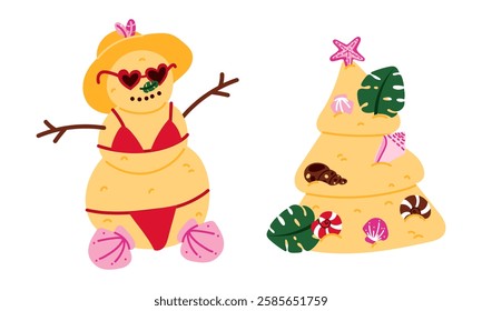 Set of Christmas Tree, Snowman. Christmas tree and a snowman made of beach sand are decorated with tropical decorations. On a white background. Merry Christmas in the tropics. greeting cards, posters