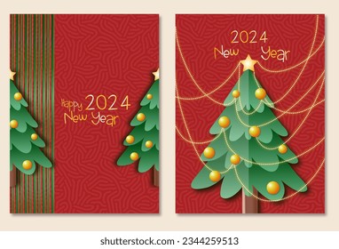 Set Christmas tree with star in flat style 2024 new year on red background 