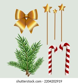 Set with Christmas tree, stars, sweets and gold holiday bow 2023