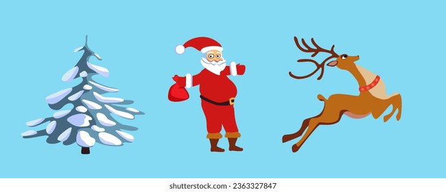 Set of Christmas tree stickers Santa Claus, deer. Santa Claus waves his hands on a sleigh with a deer and a Christmas tree in the snow. Vector illustration