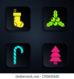 Set Christmas tree, Christmas stocking, Christmas candy cane with stripes and Branch viburnum or guelder rose. Black square button. Vector