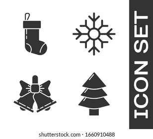 Árbol de Navidad, relleno de Navidad, campana de canto de Feliz Navidad e ícono de copo de nieve. Vector