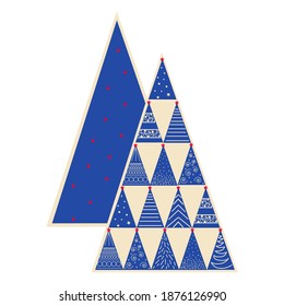 Set Christmas tree as symbol of Happy New Year, Merry Christmas holiday celebration. Vector illustration on isolated white background. Sparkle light decoration.Nordic style