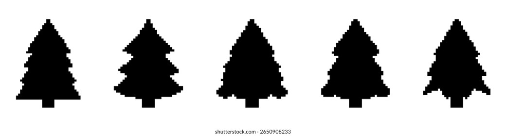 Weihnachtsbaumvorlagen im Pixel-Art-Stil. Schwarze festliche Silhouetten. Immergrün, Urlaubsdekoration, Labels. Einzeln auf weißem Hintergrund.