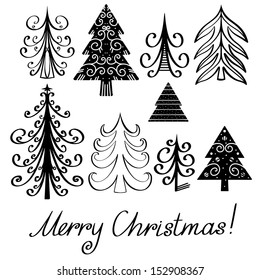 Set Christmas tree and text Merry Christmas isolated black silhouette. Abstract design logo. Logotype art - vector