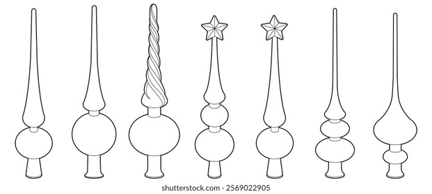 Set of Christmas tree toppers. Coloring page. Black line. Vector illustration. Christmas decorations isolated on white.