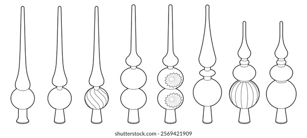 Set of Christmas tree toppers. Coloring page. Black line. Vector illustration. Christmas decorations isolated on white.