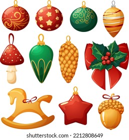 Set of Christmas tree toys, balloons and decorations in gold, red and green colors