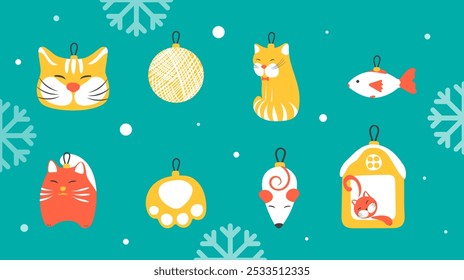 Um conjunto de brinquedos de árvore de Natal para amantes de gatos: uma bola, uma pata, um focinho, um rato e um peixe. Ilustração de vetor plano.	