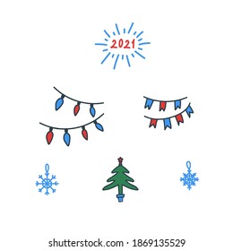 A set of Christmas tree toys. Cute set of Christmas tree decorations. Hand-drawn Christmas tree, garlands, 2021, snowflakes. Happy new Year and merry Christmas. Vector illustration