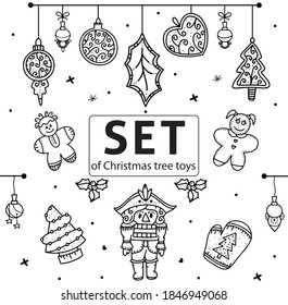 Set of Christmas tree toys. Decorations balls, circle, stars, New Year Xmas tree toys. Black and white illustration vector isolated on white background. Coloring. Winter holiday. 