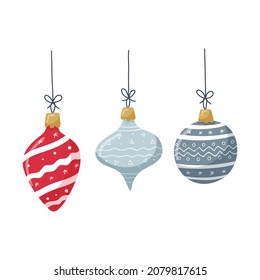 A set of Christmas tree toys with different patterns and ornaments and a string. Hand-drawn flat Christmas attributes, design elements isolated on a white background. Color vector illustration