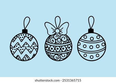 A set of Christmas tree toys. Flat linear images of Christmas balls. Vector black and white Christmas tree toys, a symbol of Christmas and New Year. It is used for the design of banners, coloring book