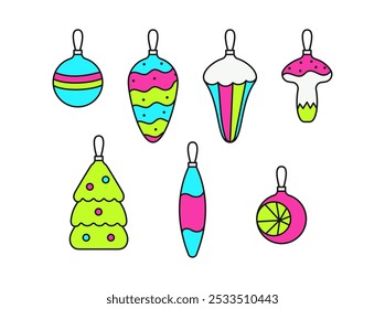 Conjunto de brinquedos de árvore de Natal. Ilustração de vetor plano com contorno.	