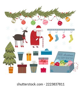 Set with Christmas tree, toys, garlands, santa claus, reindeer, gifts and socks. Vector hand drawn illustration.