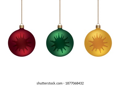 Set of Christmas tree toys. Glass ball and coronavirus. Colored vector illustration collection. Isolated white background. Christmas decorations are hung on a chain. Delicate decor. Festive print. 