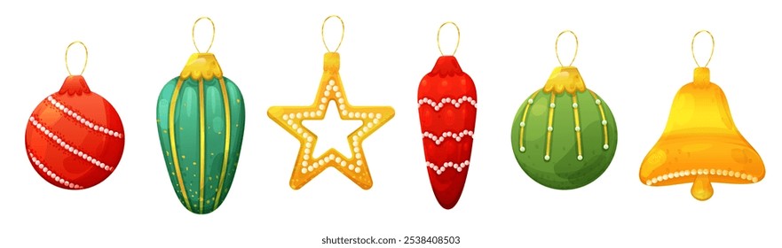 Conjunto de brinquedos de árvore de Natal com decoração dourada. Ilustração vetorial sobre fundo transparente