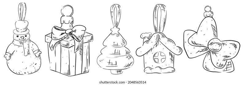 A set of Christmas tree toys in hand draw styles. Snowman, gift, bow, house. Print for fabric, printing and web pages.