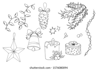 Set of Christmas tree toys and home decorations. Vector Christmas garland, star, pine cone, bell, pearl garland, candle, gift box.  Christmas tree decorative element. 