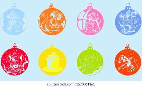 set of Christmas tree toys with the image of cute and funny rats in vector design for your design.