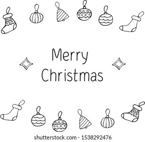 Set of Christmas tree toys with the inscription of a merry Christmas. Doodle style vector illustration card