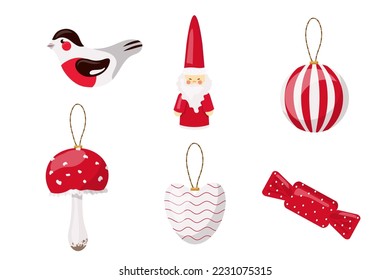 Set of Christmas tree toys in red and white colors, mushroom, Santa Claus, bullfinch for the new year, winter holiday.