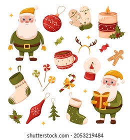 A set of Christmas tree toys, Santa Claus, Christmas decorations and sweets, mittens, socks