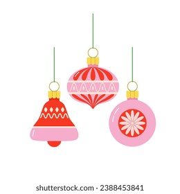 Juego de juguetes de árbol de Navidad en forma de bola, campana, un círculo en tonos rosados y rojos en un estilo geométrico simple. Elegante ilustración vectorial sobre fondo blanco aislado en estilo plano.