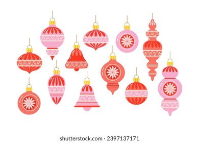 Set of Christmas tree toys in shape of balls, icicles, bells in trendy pink color on white isolated background in flat retro style. Christmas tree decorations.