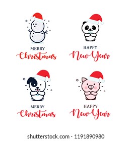 Set of Christmas tree toys, vector icons. Template for logo, greeting card, flyer, posters and banners. Cartoon style cute characters in Santa Claus hat. Vector illustrations on blank background.
